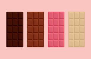 Set of classic chocolate bars of different tastes. Dark, milk, white and crimson, berry chocolate isolated. Organic production, chocolate bussines. Vector illustration