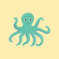 Cartoon cute blue octopus. Flat vector illustration for children