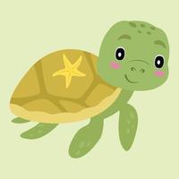 Cute turtle with sea star on tortoisesshell swimming. Smiling cartoon character with blush. Flat vector illustration
