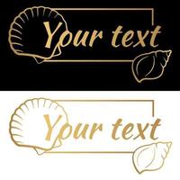 Golden shells with frame and text. Vector summer illustration for logo, business card, menu, certificate, invitation