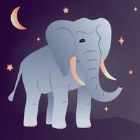 Cute big cartoon elephant on a background of the starry sky. Blue elephant walks along the path, side view, semi-profile. Flat vector illustration