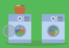 The washing machine is loaded with laundry. The washing machine is working. The laundry basket is on top. Vector set of illustrations