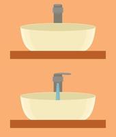 Modern minimalist faucet and sink. The tap is switched off and on. Washbasin. Bathroom in beige tones. Flat vector illustration