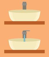 Modern minimalist faucet and sink. The tap is switched off and on. Washbasin. Bathroom in beige tones. Flat vector illustration