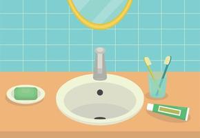 Minimalist bathroom interior. Washbasin with soap, brushes and toothpaste, mirror. Flat vector subject illustration