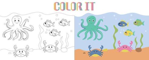 Vector cartoon of marine animals, octopus and crabs with colorful fishes underwater. Happy smiling sea animals. Coloring book or page for kids