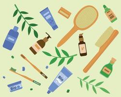 Body and dental care. Organic natural cosmetics. Care products. Wooden brushes for body and teeth, bio toothpaste, tablets, gel, lotion, shampoo, scrub, soap. Bamboo leaves. Flat vector illustration