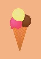 Appetizing natural ice cream in a cone. Three ice cream balls with different flavors raspberry, banana, chocolate. 3D illustration, colorful background vector