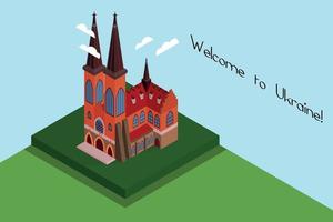 St. Nicholas Church. Isometric illustration. Colorful postcard. Red and gray church with two big towers, clouds. Welcome to Ukraine vector