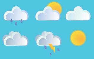 Weather forecast. Set of bright illustrations with weather conditions for websites, applications, printing. Rain, sunny, thunderstorm, cloudy. Flat vector illustration