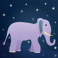 Cute cartoon elephant on a background of the starry sky. Purple elephant walks along the path, side view, profile. Flat vector illustration