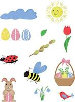 Spring set with cartoon bee, bird, ladybug, rabbit, eggs, basket, flowers. Flat elements. Vector illustration