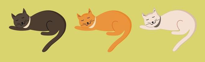 Cute cat sleeps curled up in a ball. Gray black, orange red, white cat. Vector set of flat cartoon illustrations