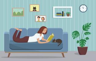 A young girl in the living room reads a book. A gray cat is sleeping nearby. Cozy modern living room in blue tones. Flat vector illustration