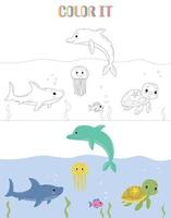 dibujos animados vectoriales de animales marinos, estrellas de mar en la espalda de tortuga con peces coloridos, medusas, tiburones bajo el agua y delfines saltan del agua. lindos animales marinos sonrientes. libro para colorear o página para niños vector