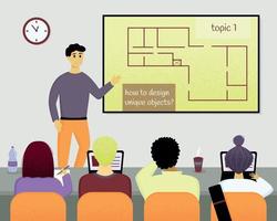 Training of architects in the classroom. Advanced training courses for architects. Audience with lecturer, students and screen. Flat vector texture illustration