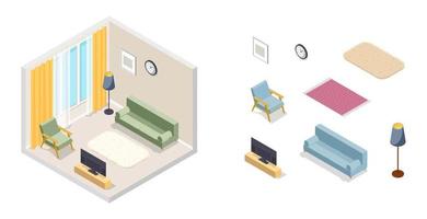 ilustración isométrica vectorial, interior 3d, sala de estar. conjunto de iconos isométricos de muebles vector