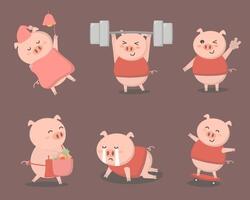 Pig characters of various professions and emotions such as sleeping, exercising, barbell, greeting, shopping, crying, skateboarding. vector