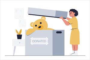 A cleaning worker collects a large teddy bear and sends it to the nursery for donations. vector