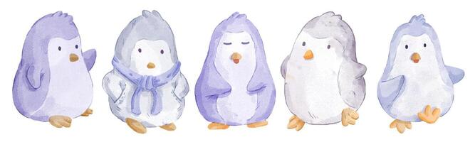 ilustración vectorial acuarela conjunto de adorable pingüino para su diseño. vector