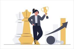 una mujer de negocios diseña estrategias para lograr objetivos y trofeos como el ajedrez ambulante. vector
