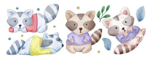 Vector illustration watercolor Set of adorable Raccoon For Your Design.