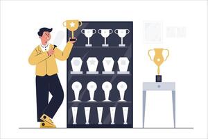 World champion athletes have won trophies from many competitions. He was cleaning these cups. vector