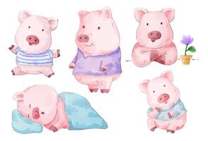 ilustración vectorial acuarela conjunto de cerdo adorable para su diseño. vector