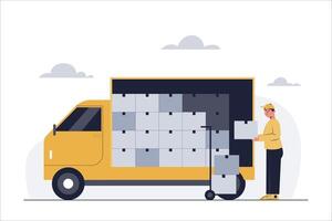 Delivery workers are placing products inside the trucks for delivery to the ordering company. vector