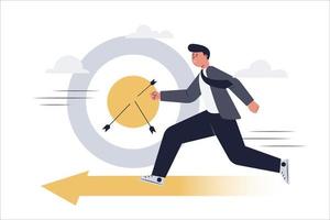 Businessman ran on yellow arrow to business target. Archery target with arrow. Vector illustration.