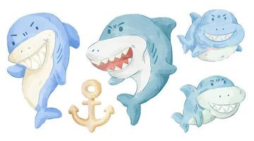 Vector illustration watercolor Set of adorable Shark For Your Design.