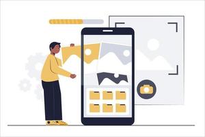 People taking photo on mobile phone. He chose a picture from the gallery to use. Modern flat design. Vector illustration