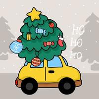 Christmas tree on yellow car vector illustration