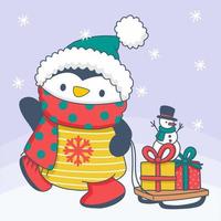penquin and gift on sleigh on merry christmas vector