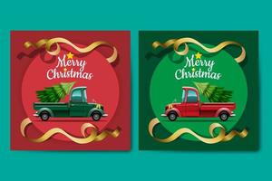 Merry Christmas Vector illustration Retro pickup truck Vintage style with christmas tree.