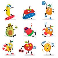 conjunto de frutas con diversas actividades en el vector de personajes de dibujos animados