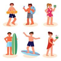 conjunto de personas que realizan deportes de verano y actividades de ocio al aire libre en la playa vector