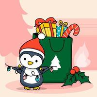 pingüino sosteniendo una bombilla decorativa y un regalo en una bolsa de compras vector