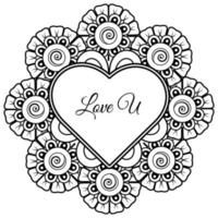 Mehndi flower with frame in shape of heart. decoration in ethnic oriental, doodle ornament. vector