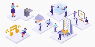 Set isometric lifestyle of people in different activity vector