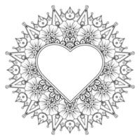 Mehndi flower with frame in shape of heart. decoration in ethnic oriental, doodle ornament. vector