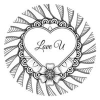 Mehndi flower with frame in shape of heart. decoration in ethnic oriental, doodle ornament. vector