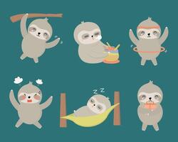 Sloth Animal characters of various professions and emotions such as hang, eat, exercise, get angry, sleep. vector