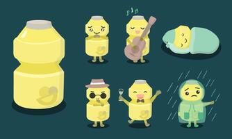 Curdled milk cartoon characters in various posing and emotional such as hello, play music, sleep, cool, happy. vector