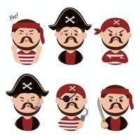 personajes de dibujos animados piratas humanos en varias poses y emocionales como marinero, jefe, alegre, enfermo, confiado, gancho, espada. vector