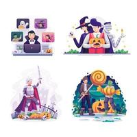 ilustración vectorial halloween decorado en casa y cosplay familia divertida.