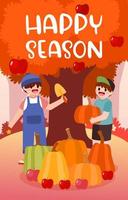 dos jóvenes granjeros cosechan calabazas y manzanas en otoño vector