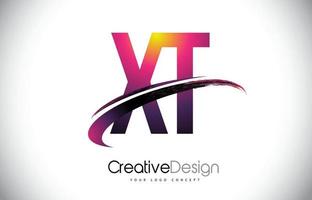 XT X T Purple Letter Logo with Swoosh Design. Creative Magenta Modern Letters Vector Logo.