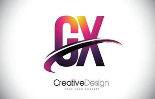 GX G X Purple Letter Logo with Swoosh Design. Creative Magenta Modern Letters Vector Logo.