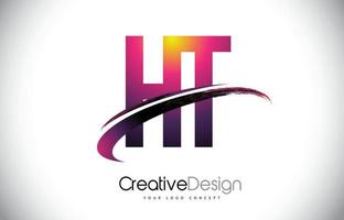 HT H T Purple Letter Logo with Swoosh Design. Creative Magenta Modern Letters Vector Logo.